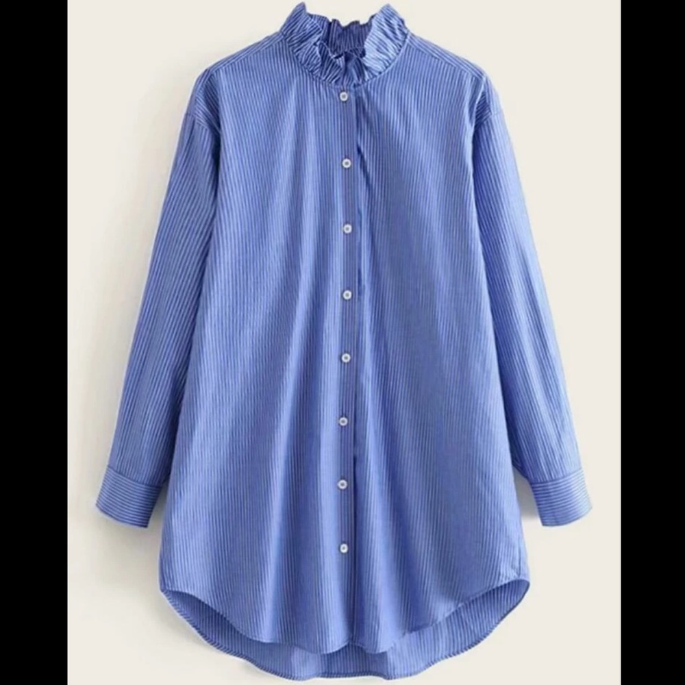NWOT - Frill Neck Hi-Low Striped Blouse